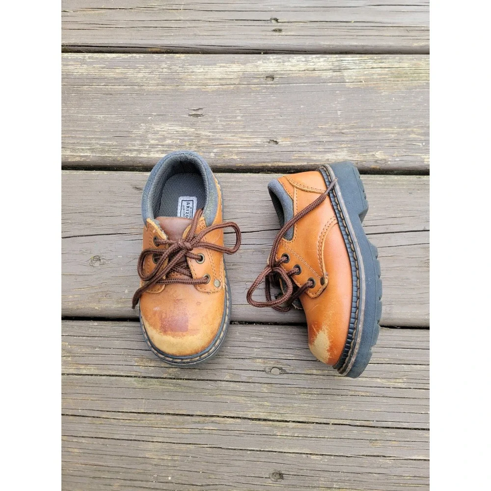 Vintage 90s y2k‎ Arizona Jean Co Boots Tan Leather Lace Up Lug Sole Kids 7.5M